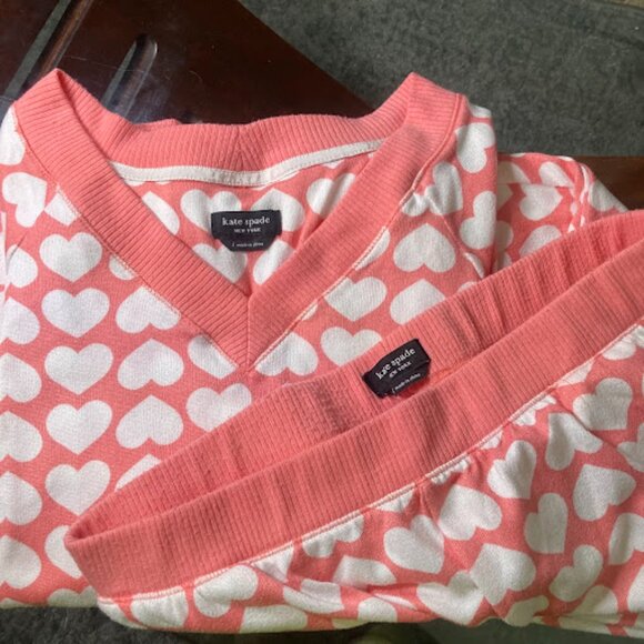 KATE SPADE | Soft Hearts Pajama Set Pants Long Sleeve V-Neck Cozy Pjs Pink L - Picture 12 of 14